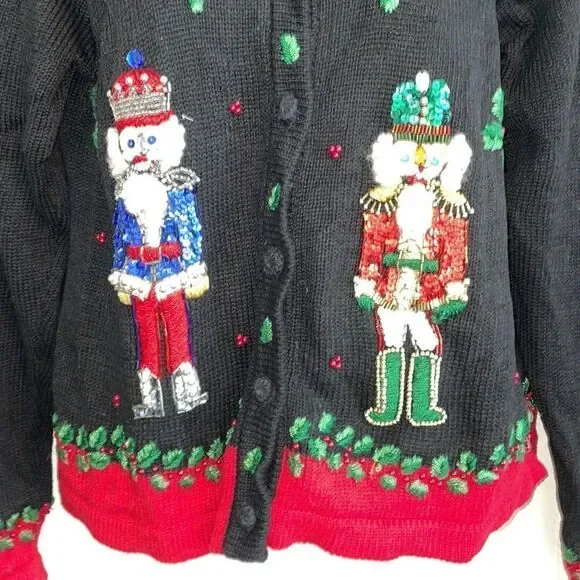 Vtg Victoria Jones Christmas black sweater with‎ embroidered/beaded nutcrackers - Picture 3 of 8